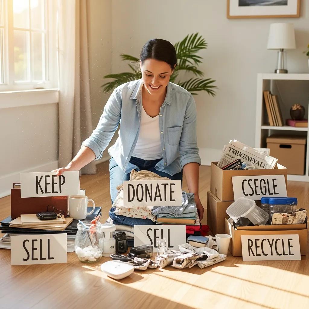 Person sorting items into labeled piles for decluttering during a move