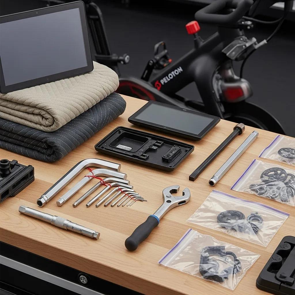 A neatly arranged set of tools for disassembling a Peloton bike laid out on a workbench