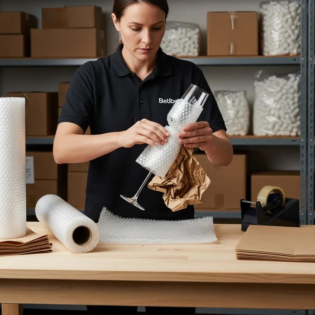 Mover demonstrating careful wine glass wrapping technique