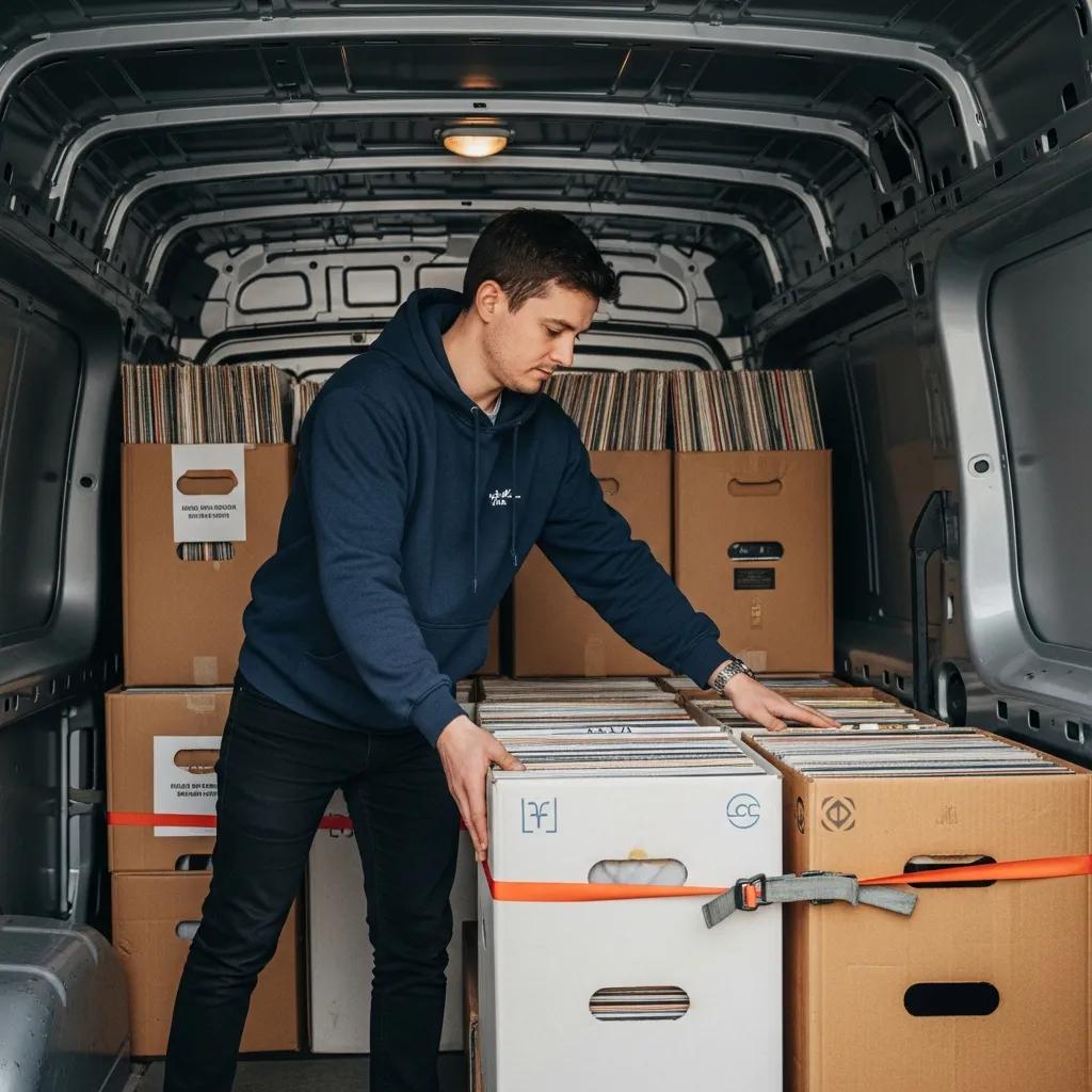 Loading upright boxes of vinyl records into a vehicle with care