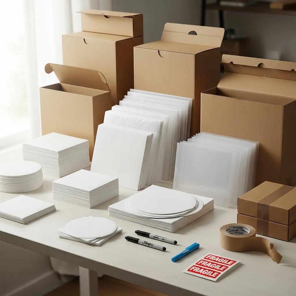 A lineup of record moving supplies: sleeves, boxes, and cushioning