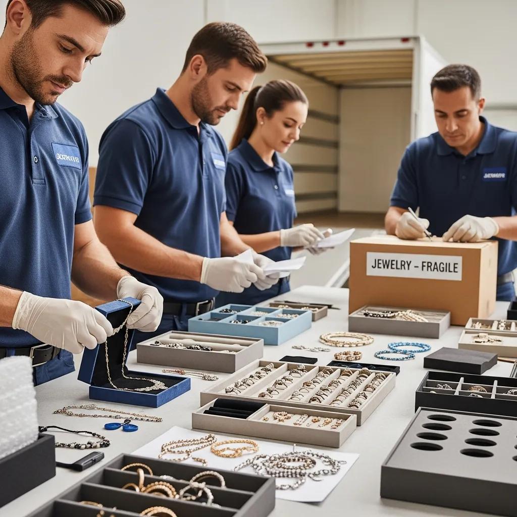 Experienced movers packing jewelry carefully with protective materials, showing attention to detail and specialist techniques