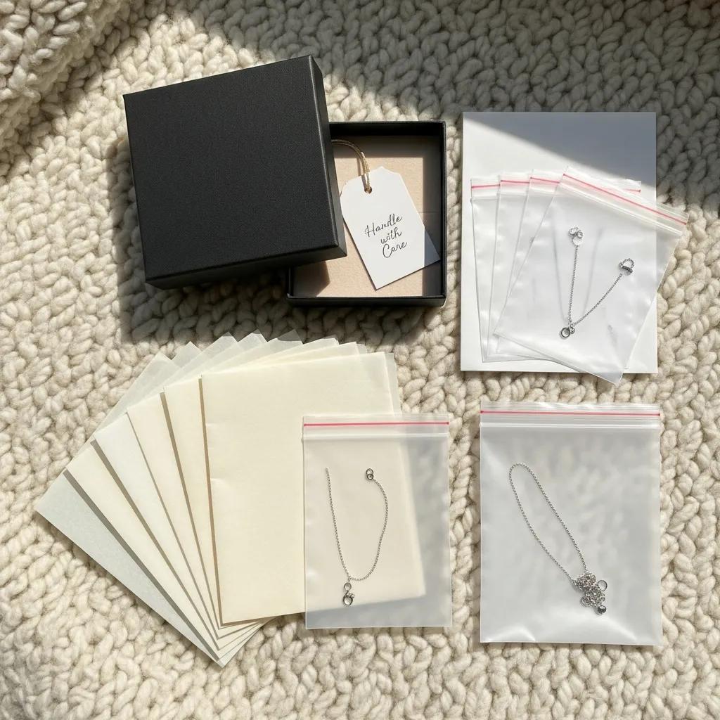Array of packing supplies for necklaces: anti-tarnish paper, zip bags, padded boxes, and straws for organization and protection