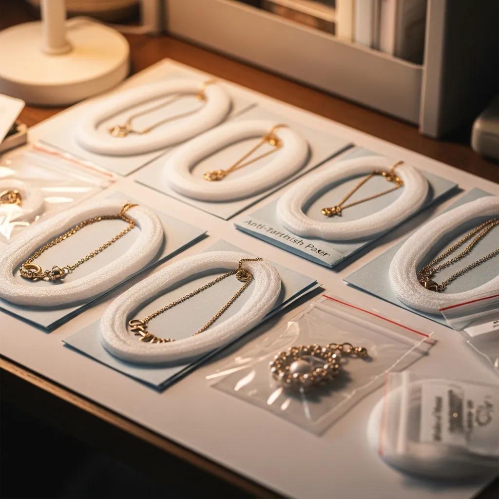 Necklaces packed carefully with anti-tarnish paper, labeled bags, and straws to show organized, protective packing