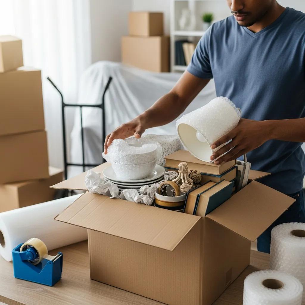 Person packing a box using cushioning materials and labeling it clearly