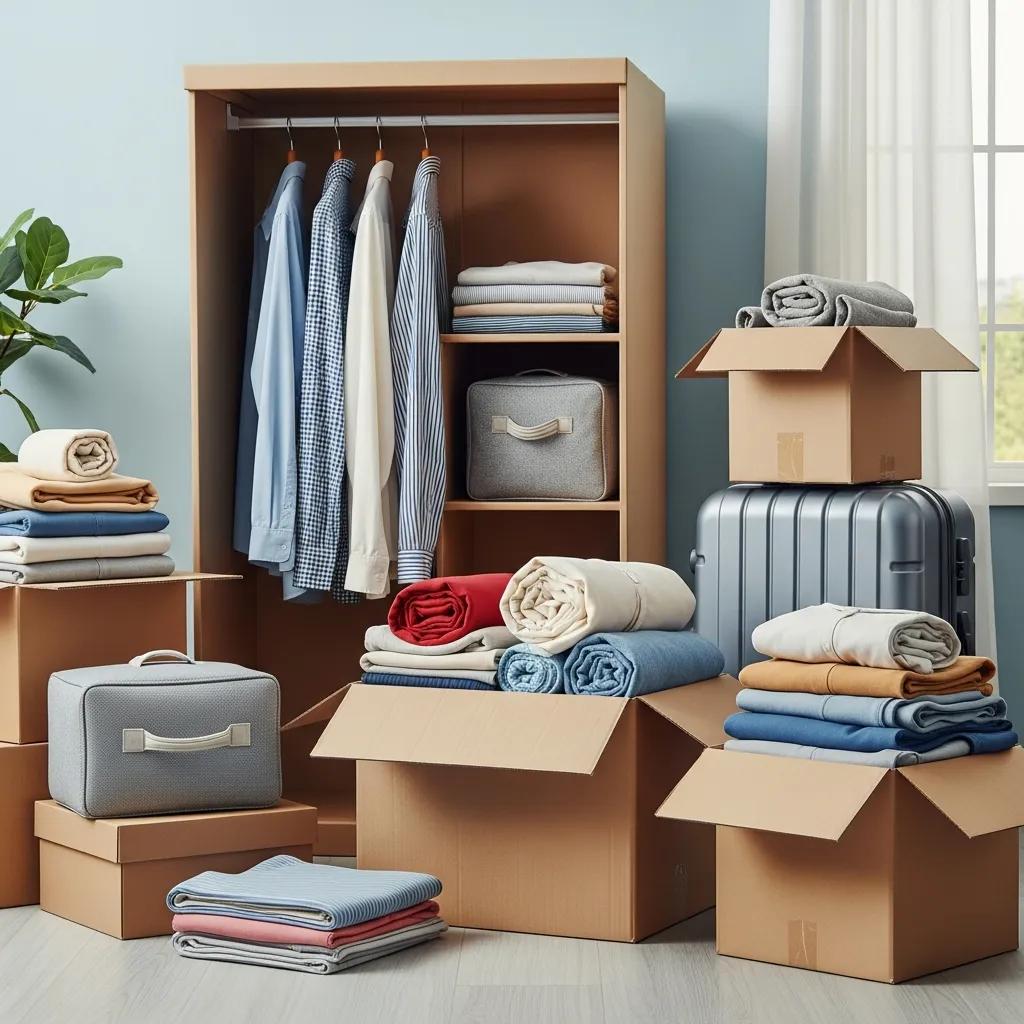 Neatly packed clothes in boxes and a suitcase ready for a move