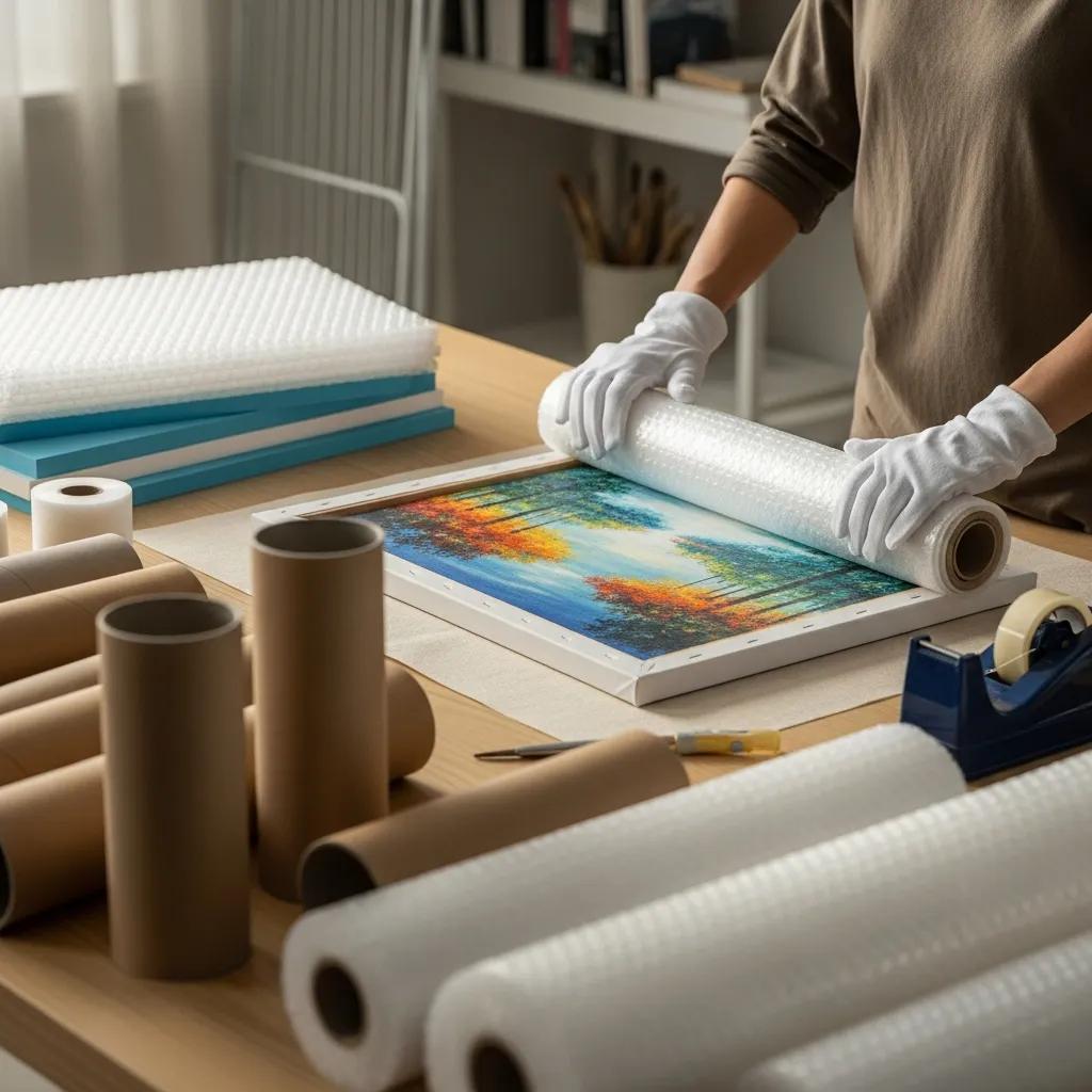 Rolling an unframed canvas with protective materials