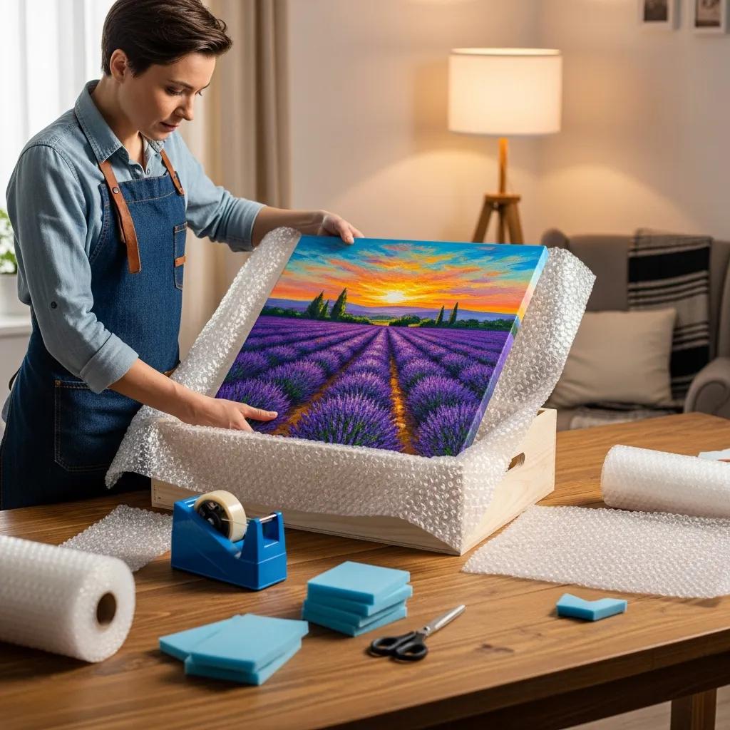 Person carefully packing a painting using protective materials
