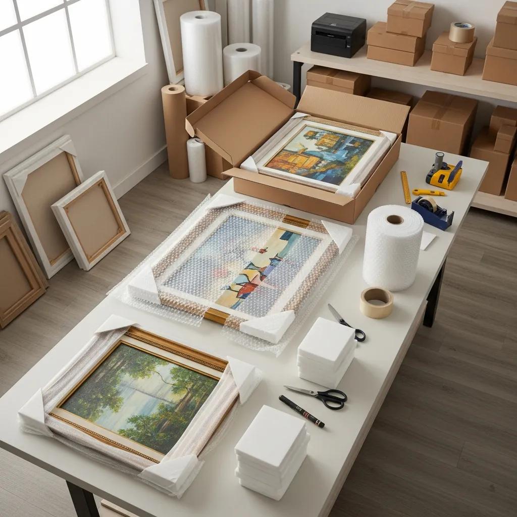 Packing station with framed paintings and protective supplies