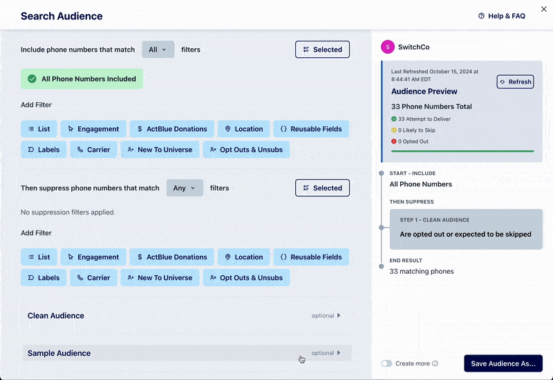 Audience Builder narrow by sample feature.