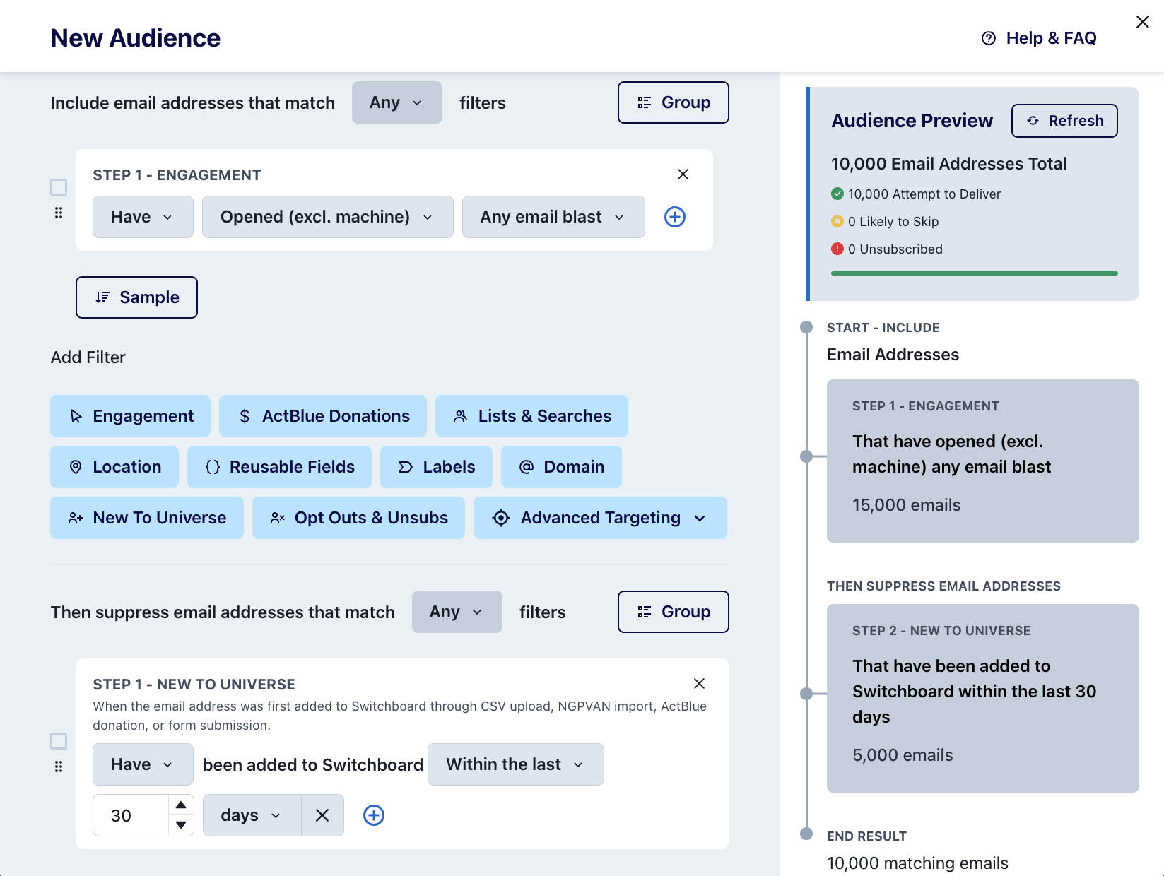 Email audience segmentation using the Switchboard Audience Builder