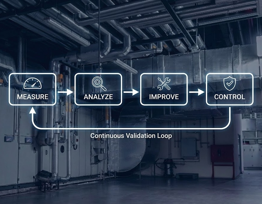 Industrial HVAC piping with overlay demonstrating the measure, analyze, improve, and control validation loop.