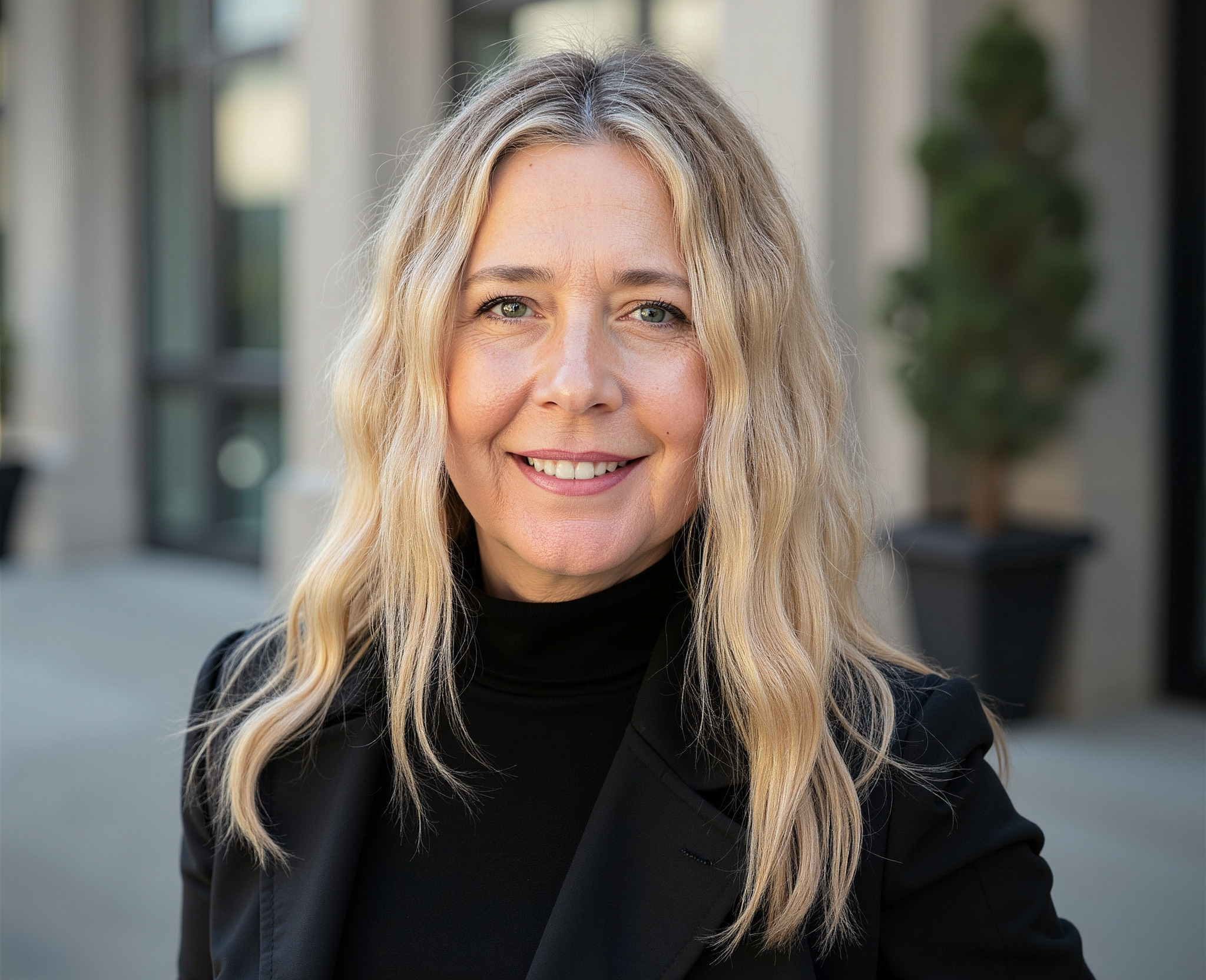 Close-up portrait of a smiling woman with blonde hair in a professional setting. She is wearing a black coat and turtleneck with a soft-focus building background