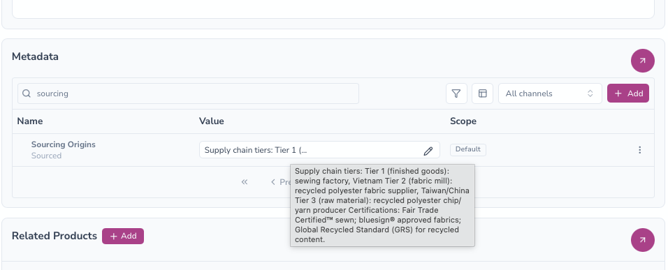 Unifyze product record showing a Sourcing Origins metadata field with supply chain tiers and certifications.