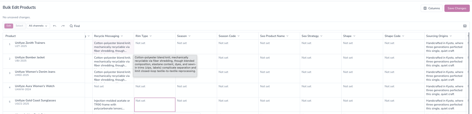 Unifyze bulk edit products grid with a Sourcing Origins column across the catalogue.