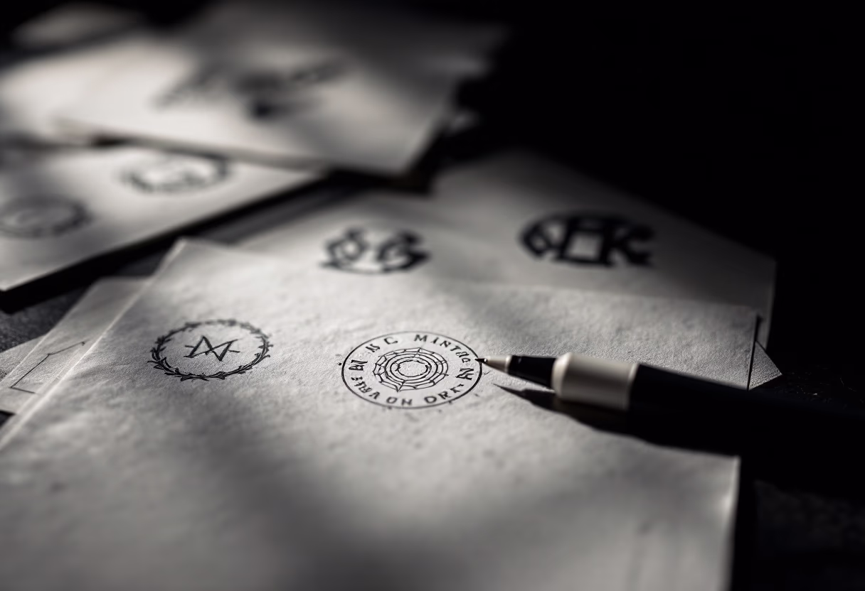 Black pen resting on paper with hand-drawn logo sketches in black ink on a dark surface.