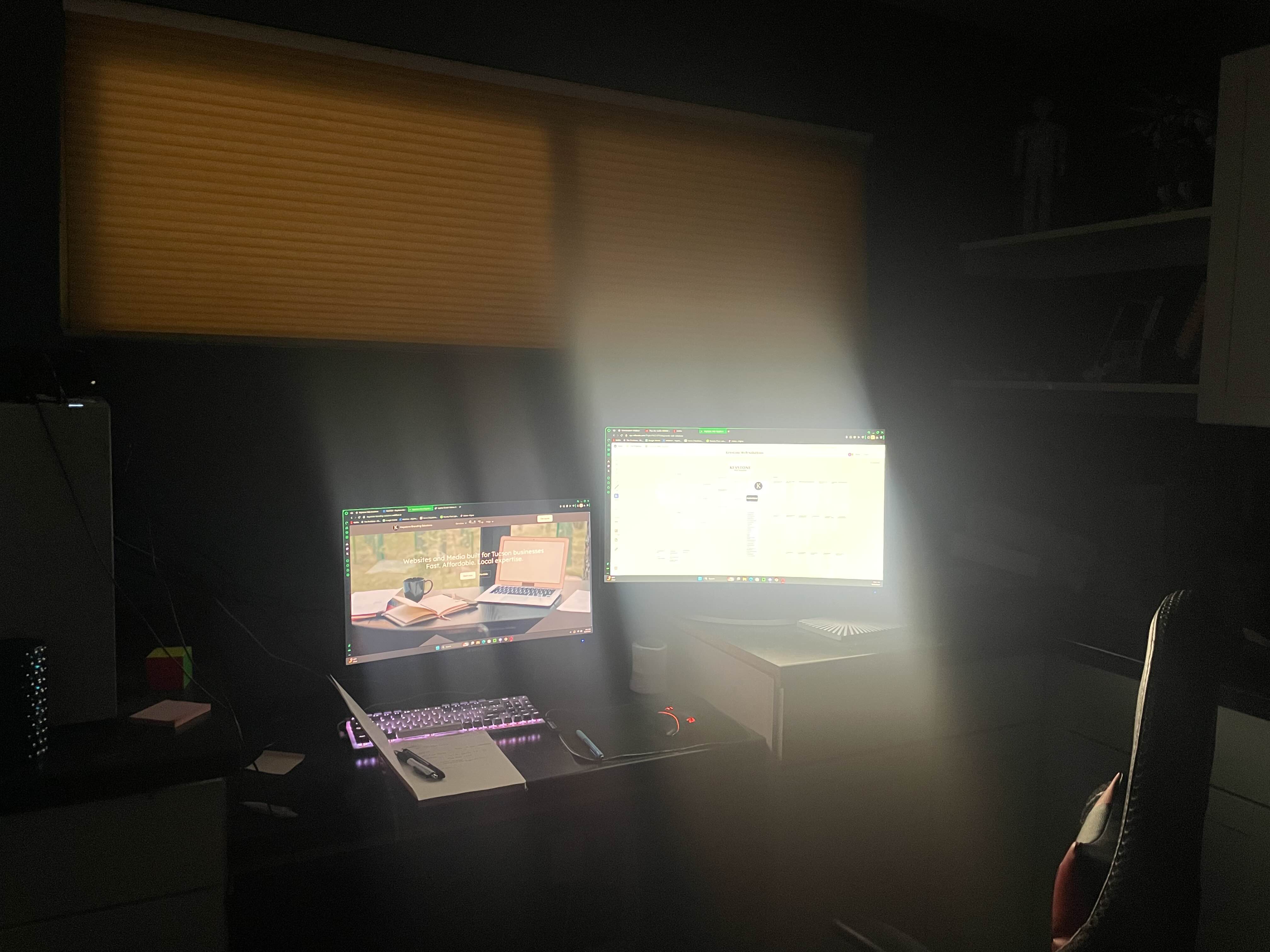 The setup that the founder of keystone used to create the organization in his mothers home. 2 monitors and a rickety gaming chair. 