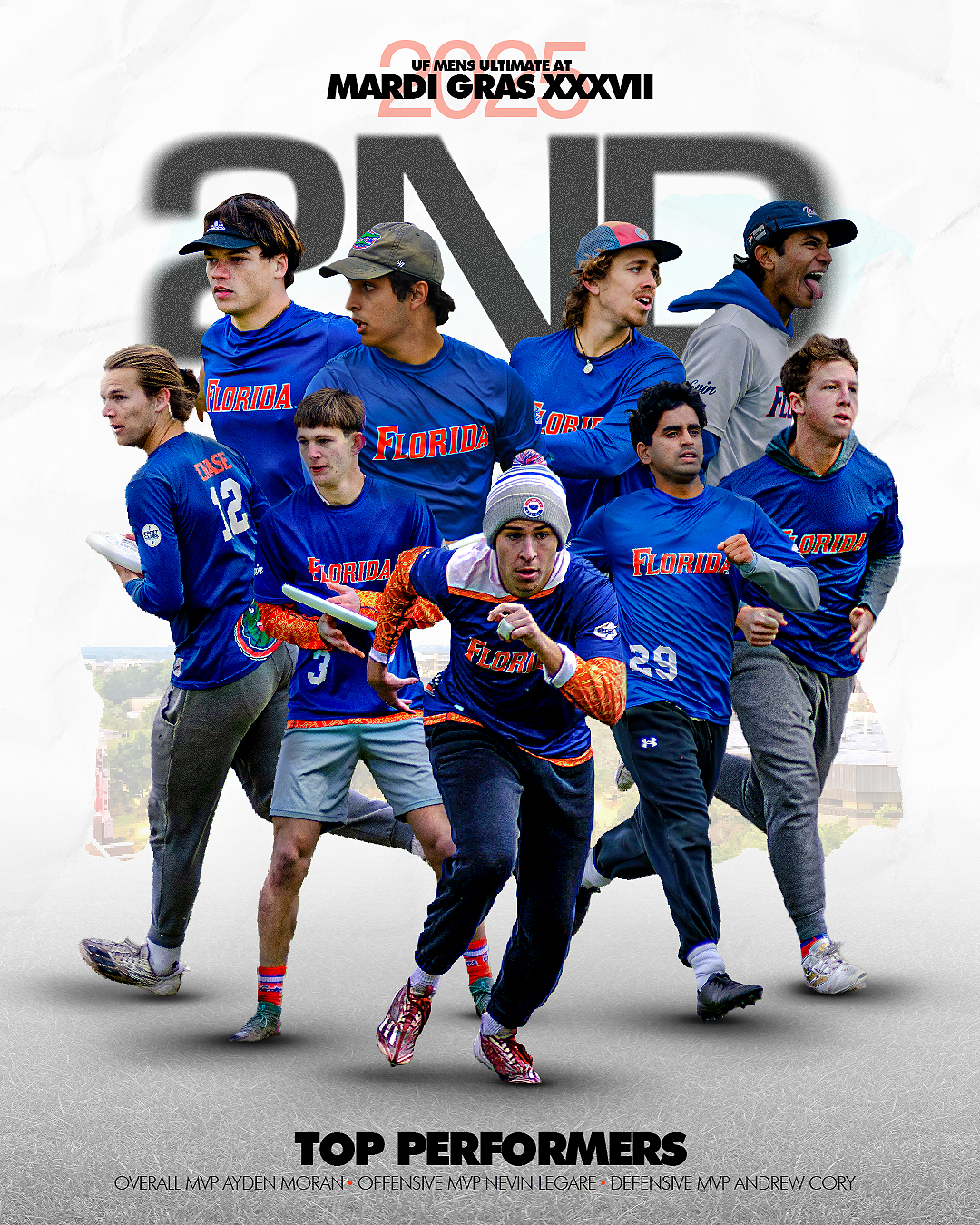 UF Ultimate poster celebrating a second-place finish at Mardi Gras XXXVII