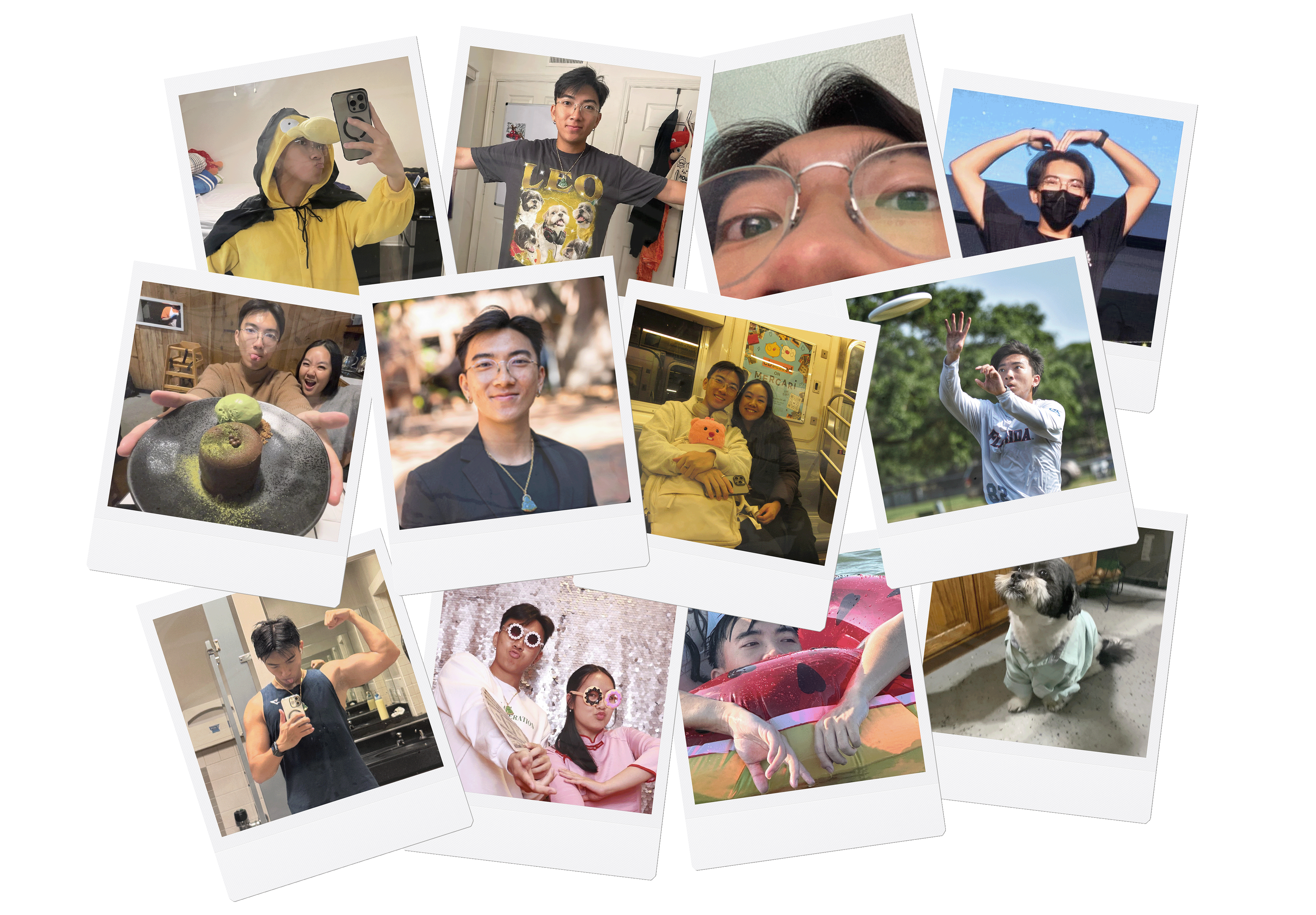 A collage of Howard, friends, ultimate frisbee, and his dog