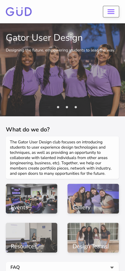 Gator User Design mobile homepage with navigation shortcuts