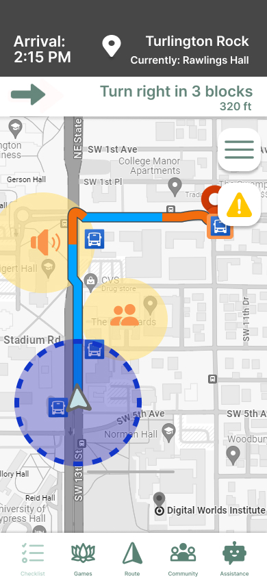 Tranquil Travels map screen with route alerts