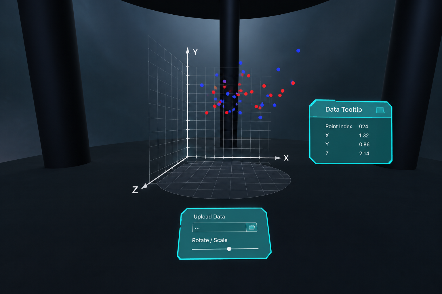 VR prototype scene with a 3D scatter plot and data tooltip