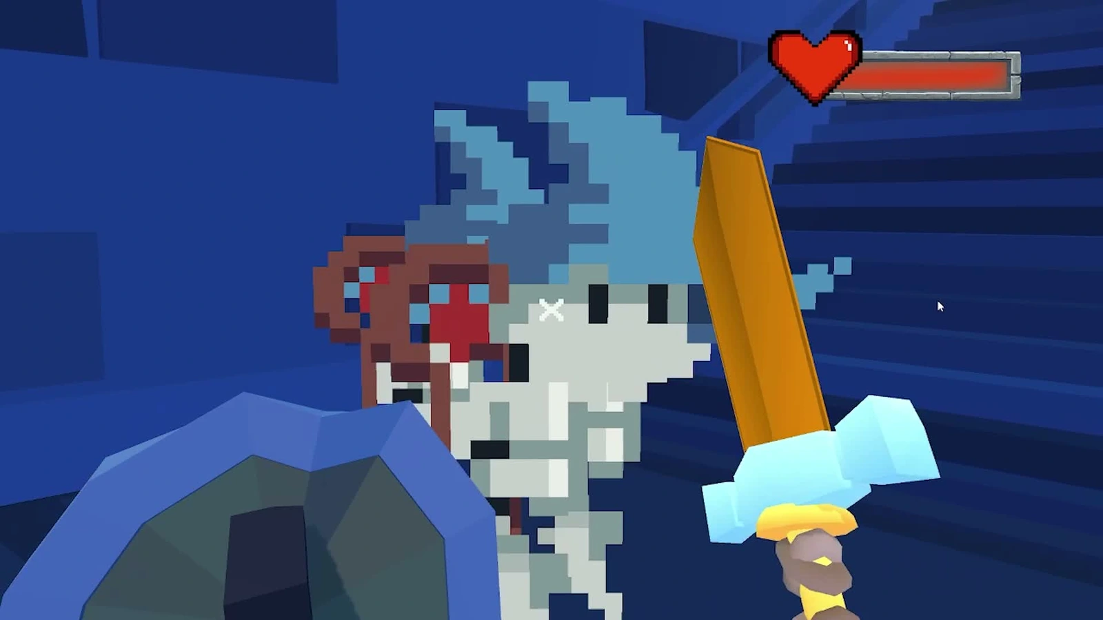 Original gameplay with health, equipped-item display and aiming crosshair.