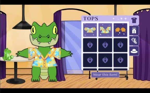 Wardrobe interface with clothing categories and character preview.