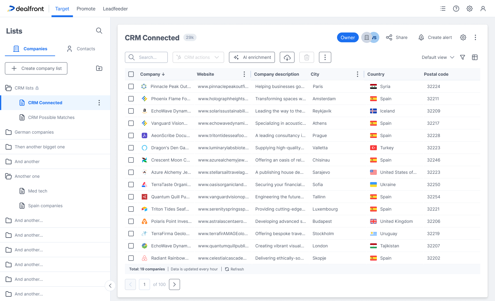 The final Lists design: sidebar with list folders, a company table, and view controls in the toolbar.