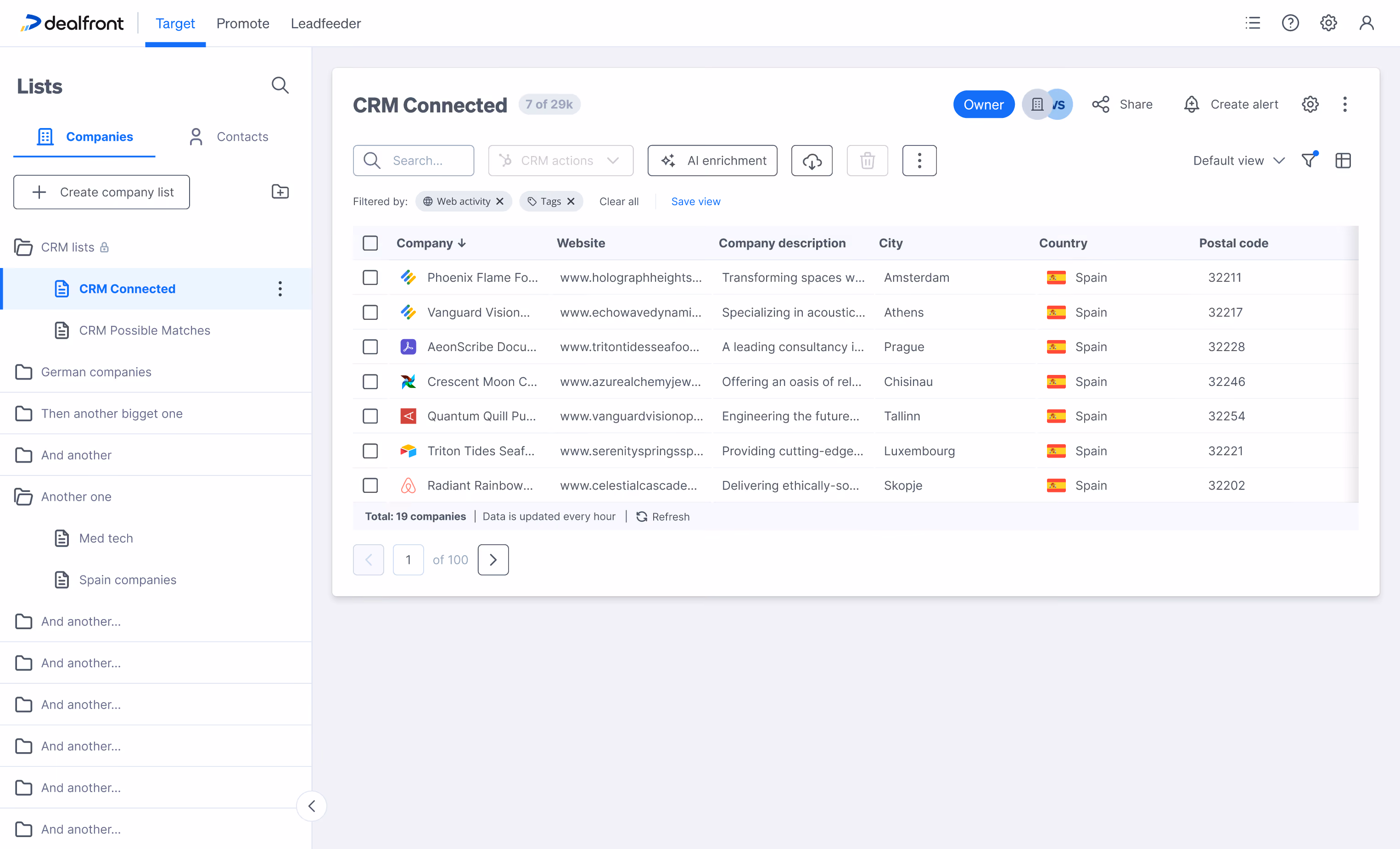 The list with active filters shown as removable chips, with Clear all and Save view actions inline