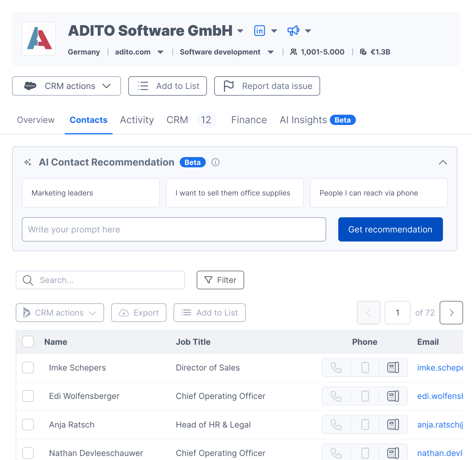 AI contact recommendation with intent shaped question cards above the contacts table