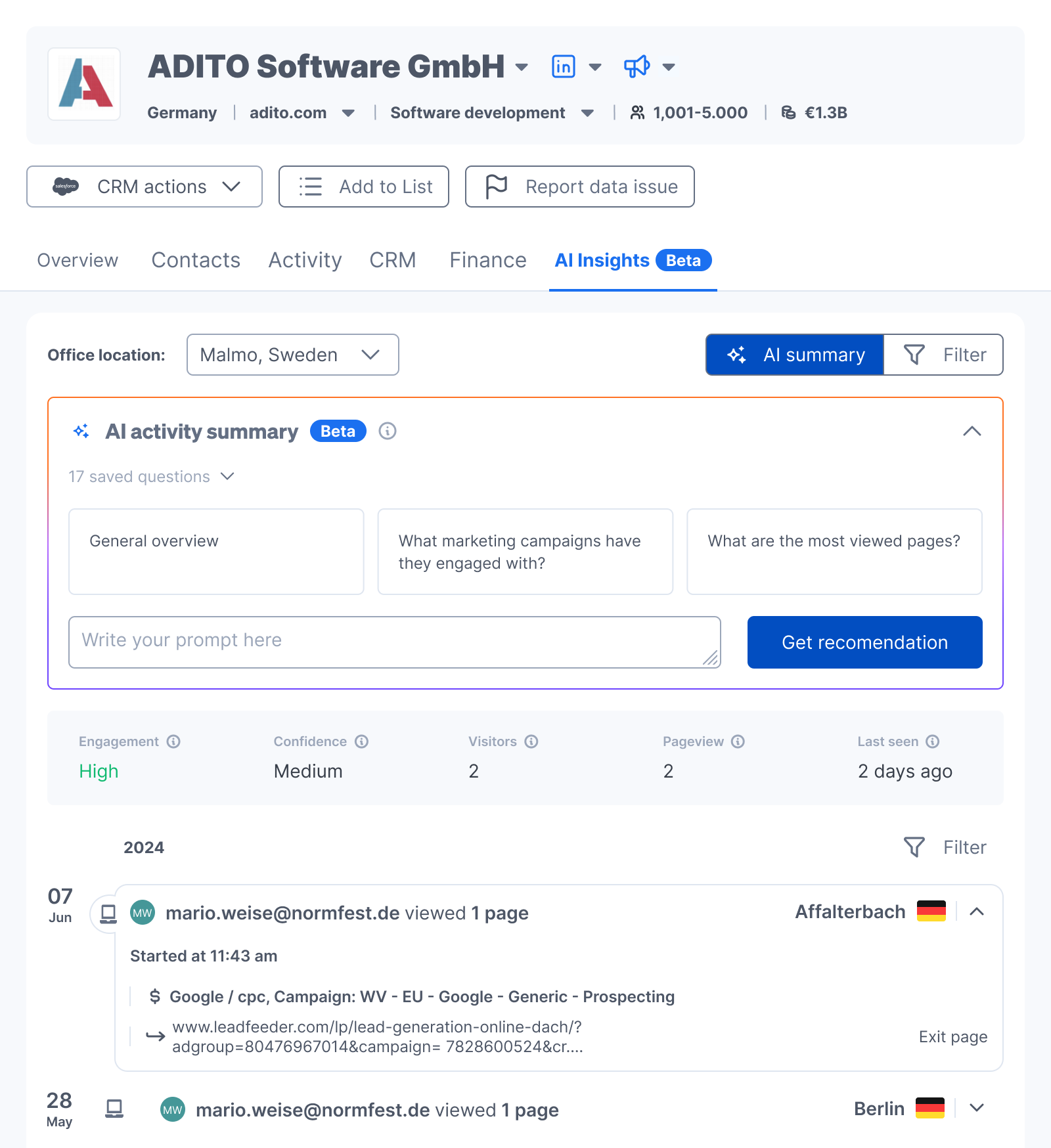 The Activity toolbar with a segmented AI summary and Filter control above the AI block