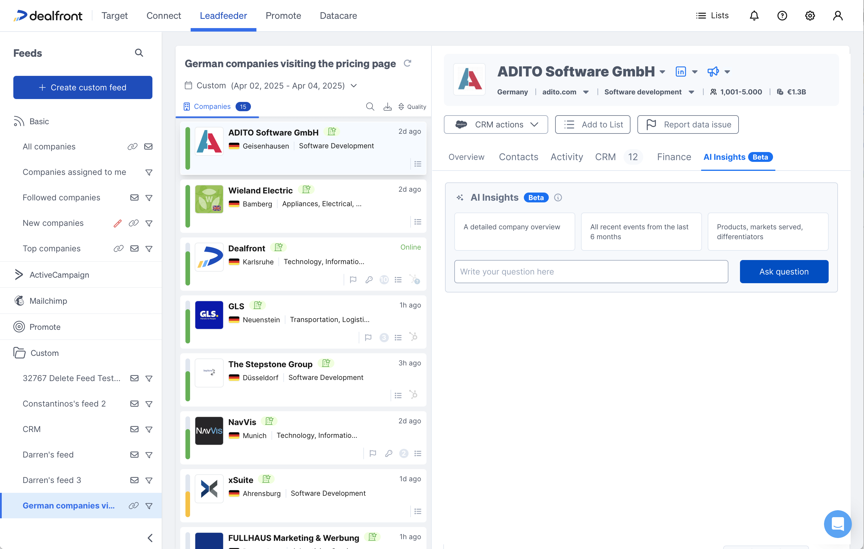 The Dealfront Leadfeeder view with the feed sidebar, a list of visiting companies, and the Company Profile panel open on the right showing the AI Insights tab