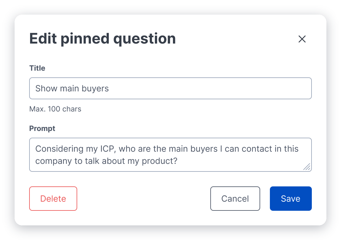 The Edit pinned question window, with the title and prompt filled in, a delete button, and cancel and save buttons