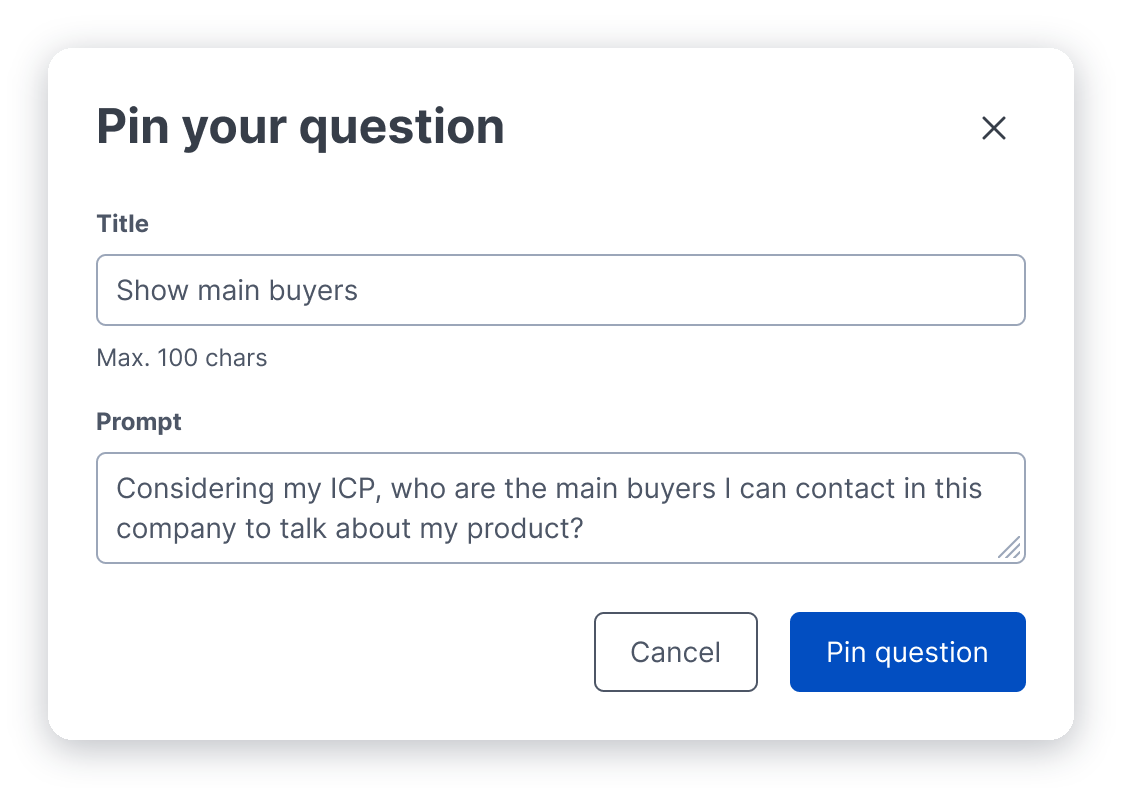The Pin your question window, with a title field, a character limit, a prompt field, and cancel and pin buttons
