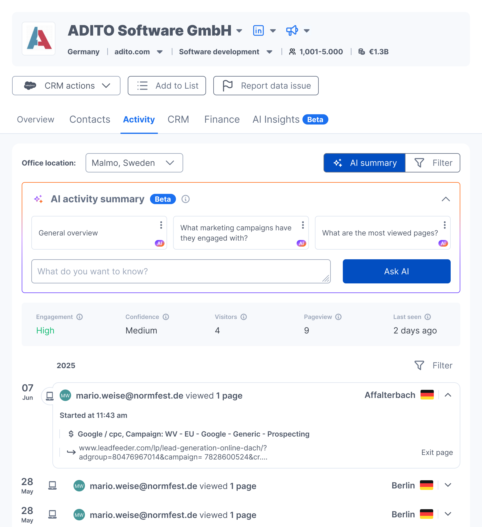 The Activity toolbar with AI summary and Filter tabs, above the AI block with its question cards