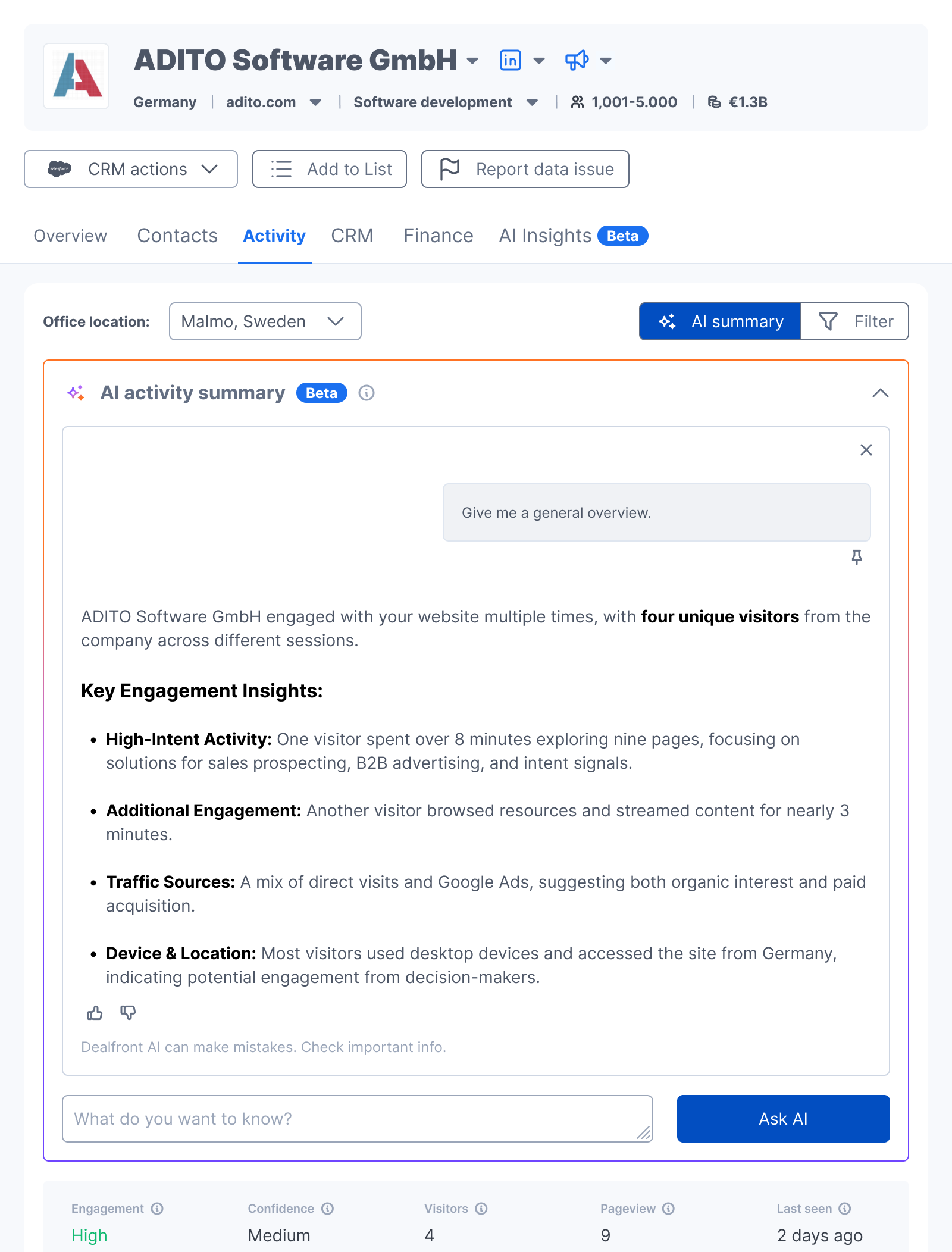 An AI activity answer with the question shown above it, key points as bullets, thumbs up and down, and no source links