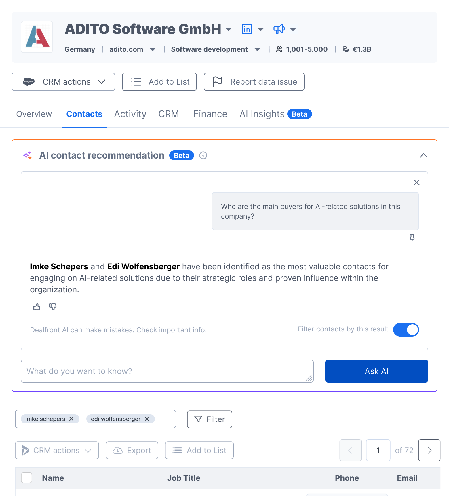 The round two AI contact recommendation block, with the question above the answer, thumbs up and down, and a pin control