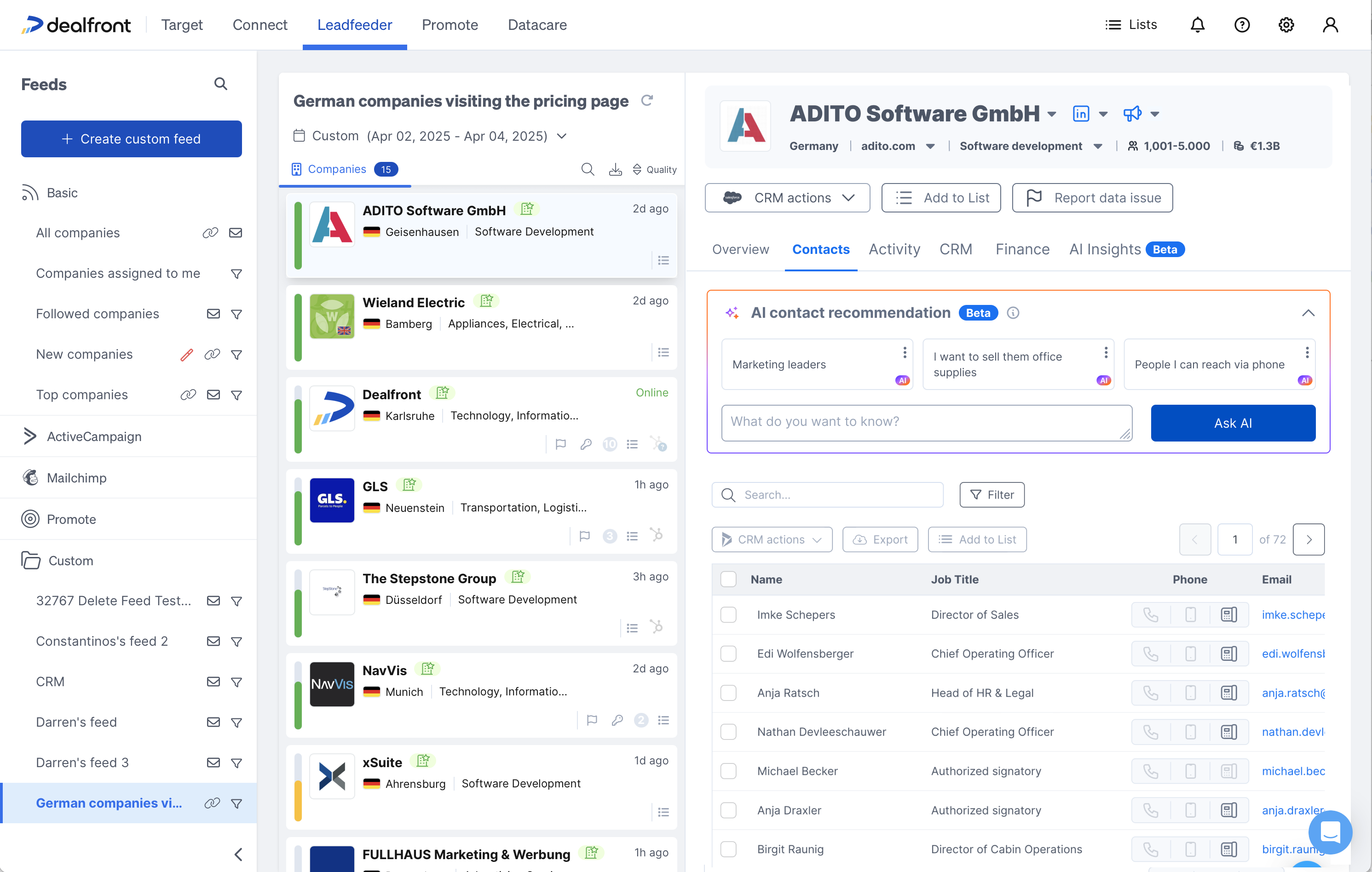 The Dealfront app with the feed sidebar, a list of companies that visited the site, and the Company Profile open on the right with the Contacts tab selected