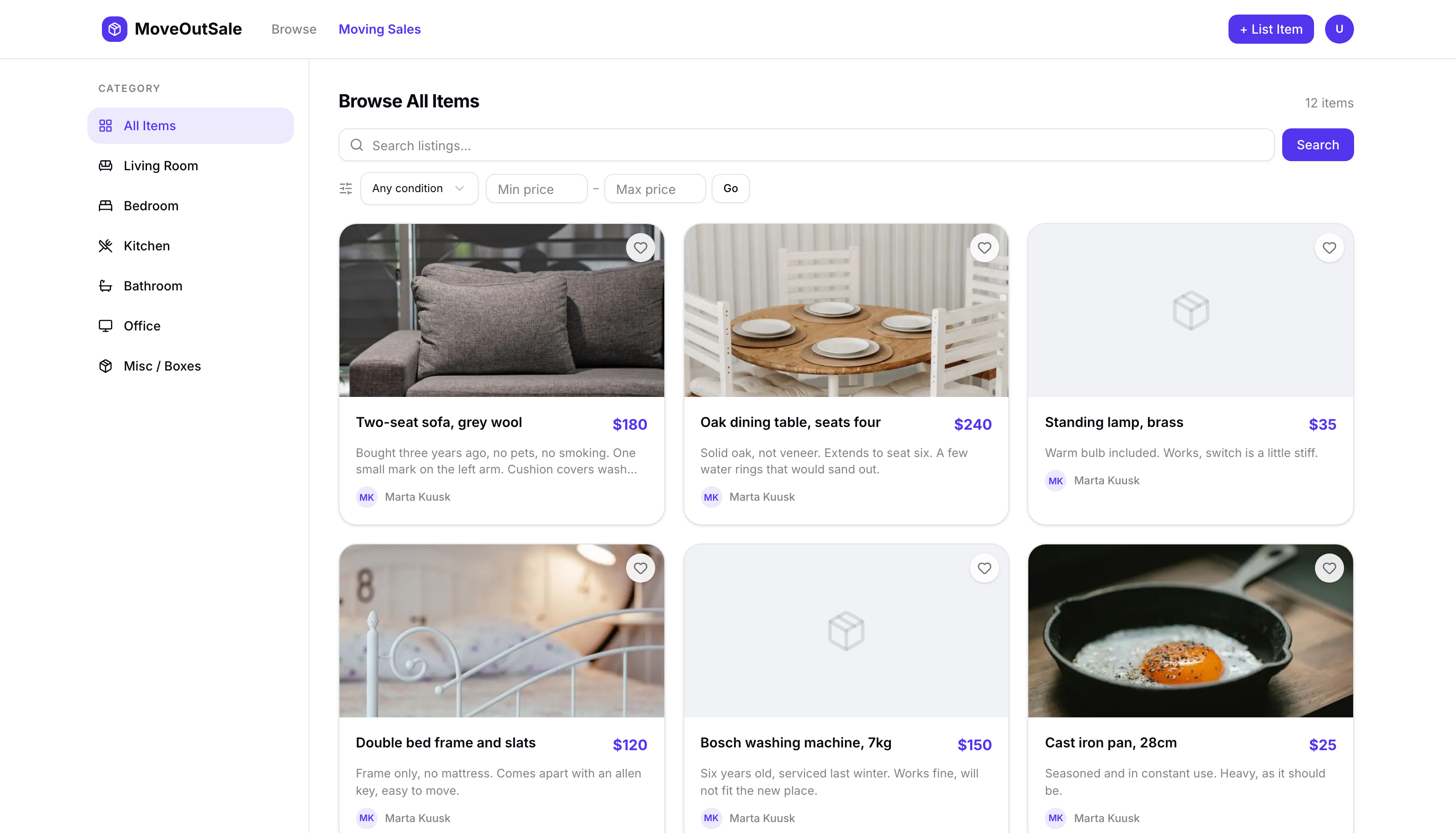 MoveOutSale browse page showing furniture listings with photos, prices and a category sidebar