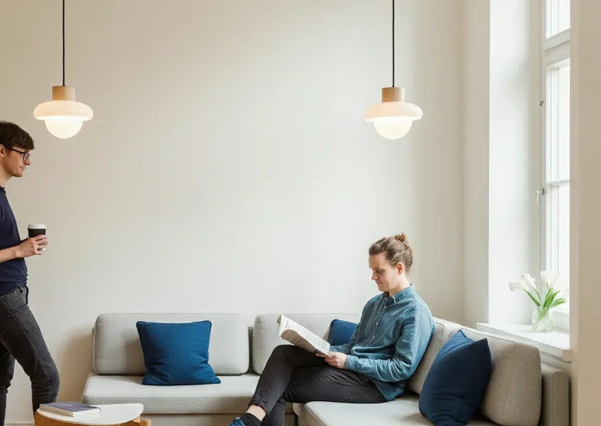 People having a conversation in a bright modern office lounge.