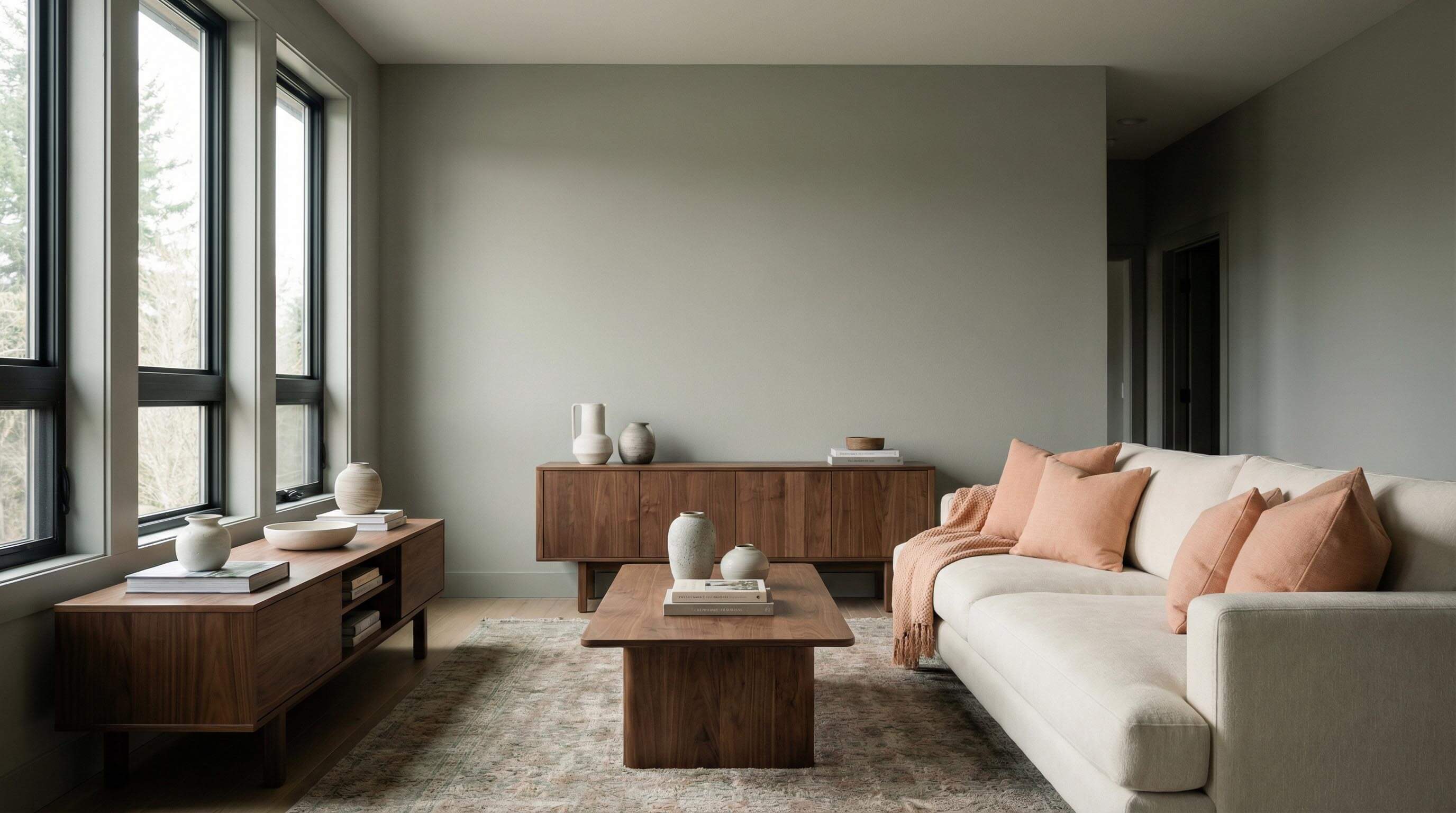 Minimalist living room with a beige sofa, coral throw pillows and blanket, wooden coffee and side tables with vases and books, large windows, and light gray walls.