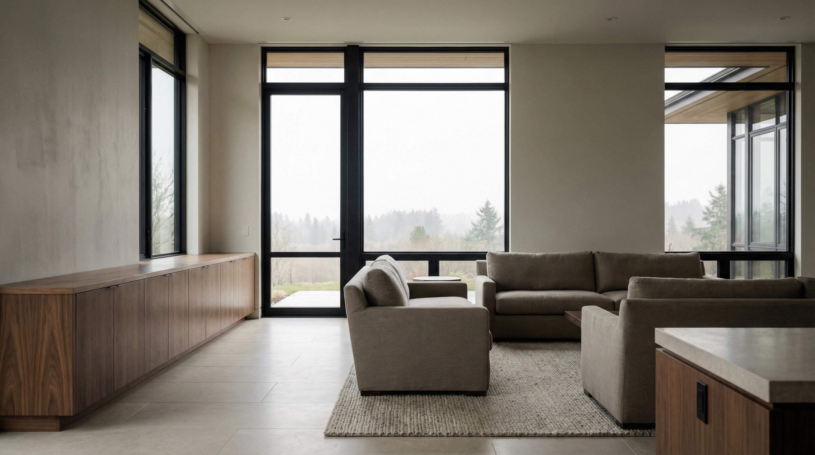 Modern living room with beige sofas, a textured rug, wood cabinets, and large windows overlooking a foggy landscape.