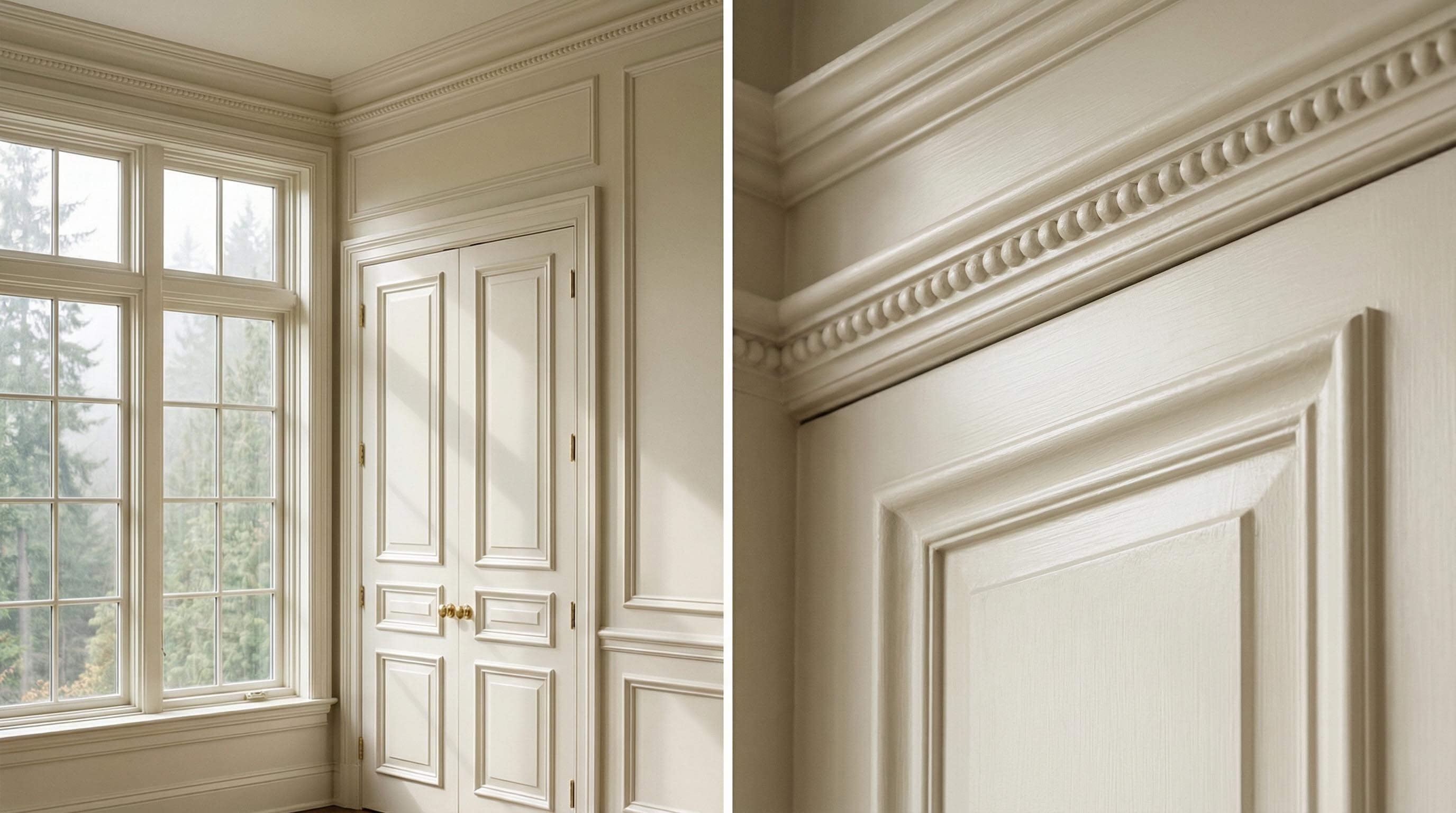 Double white paneled doors with gold knobs next to large window with forest view and detailed crown molding.