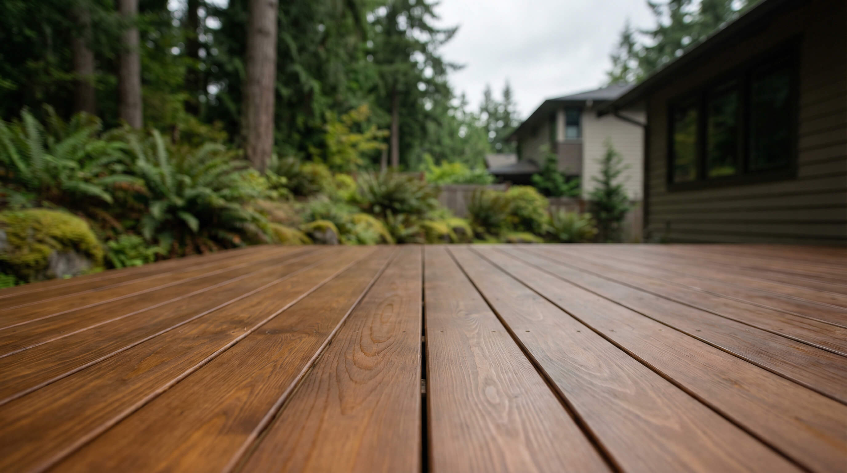 Close-up view of a wooden deck with a blurred background of greenery and houses.