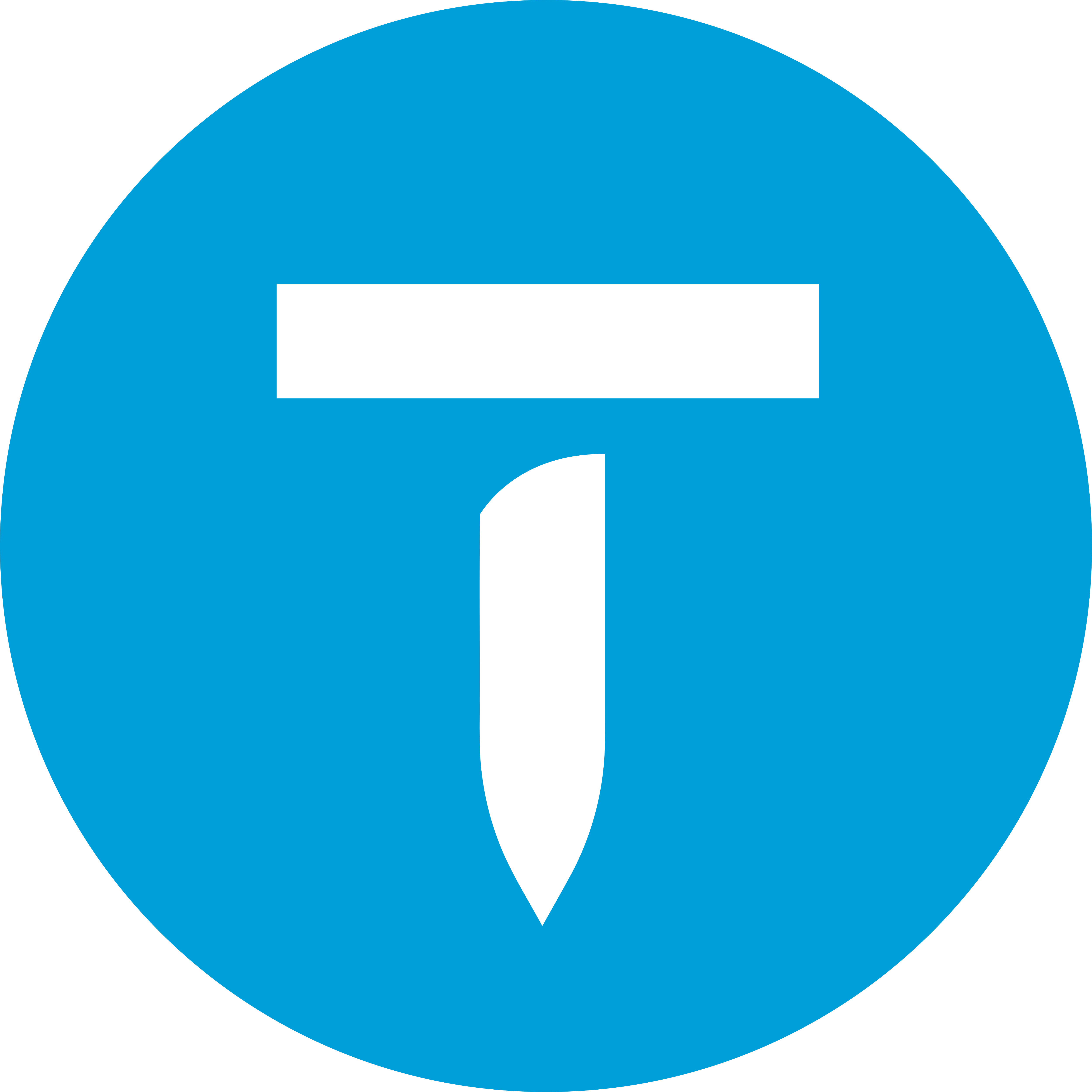 White stylized letter T with a nail shape inside on a blue circular background.