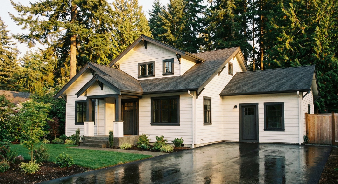 White suburban house with dark trim, front porch, and wet driveway surrounded by green trees.