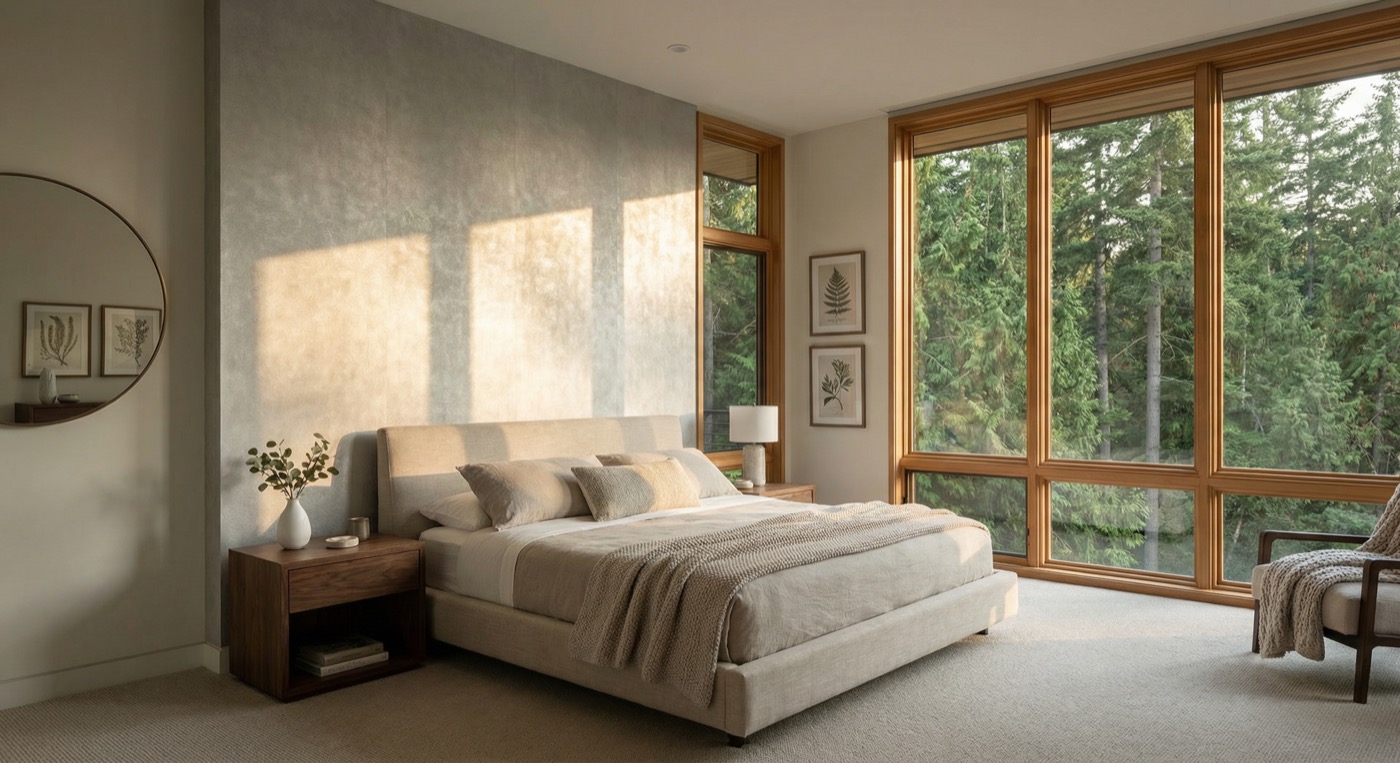 Modern bedroom with large wooden-framed windows overlooking forest, beige upholstered bed, wooden nightstands, and neutral decor.