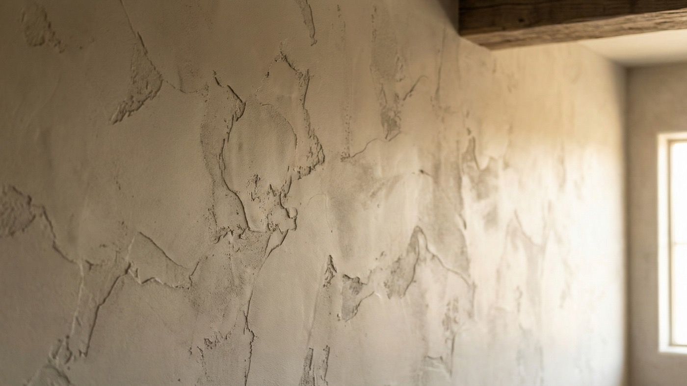 Close-up of a textured beige plaster wall with a rustic wooden beam and a window in soft light.