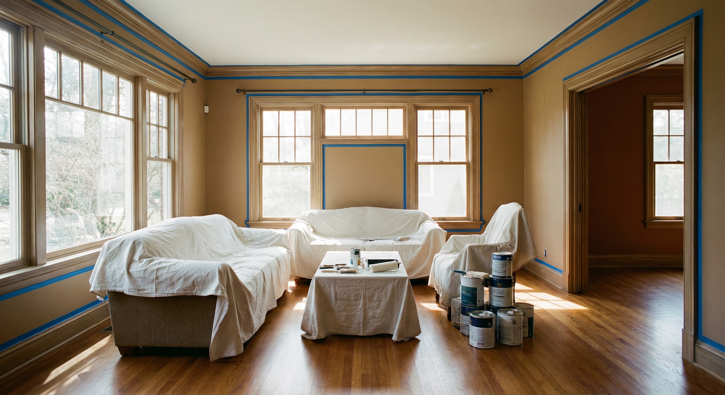 Home prepared for interior painting with furniture covered